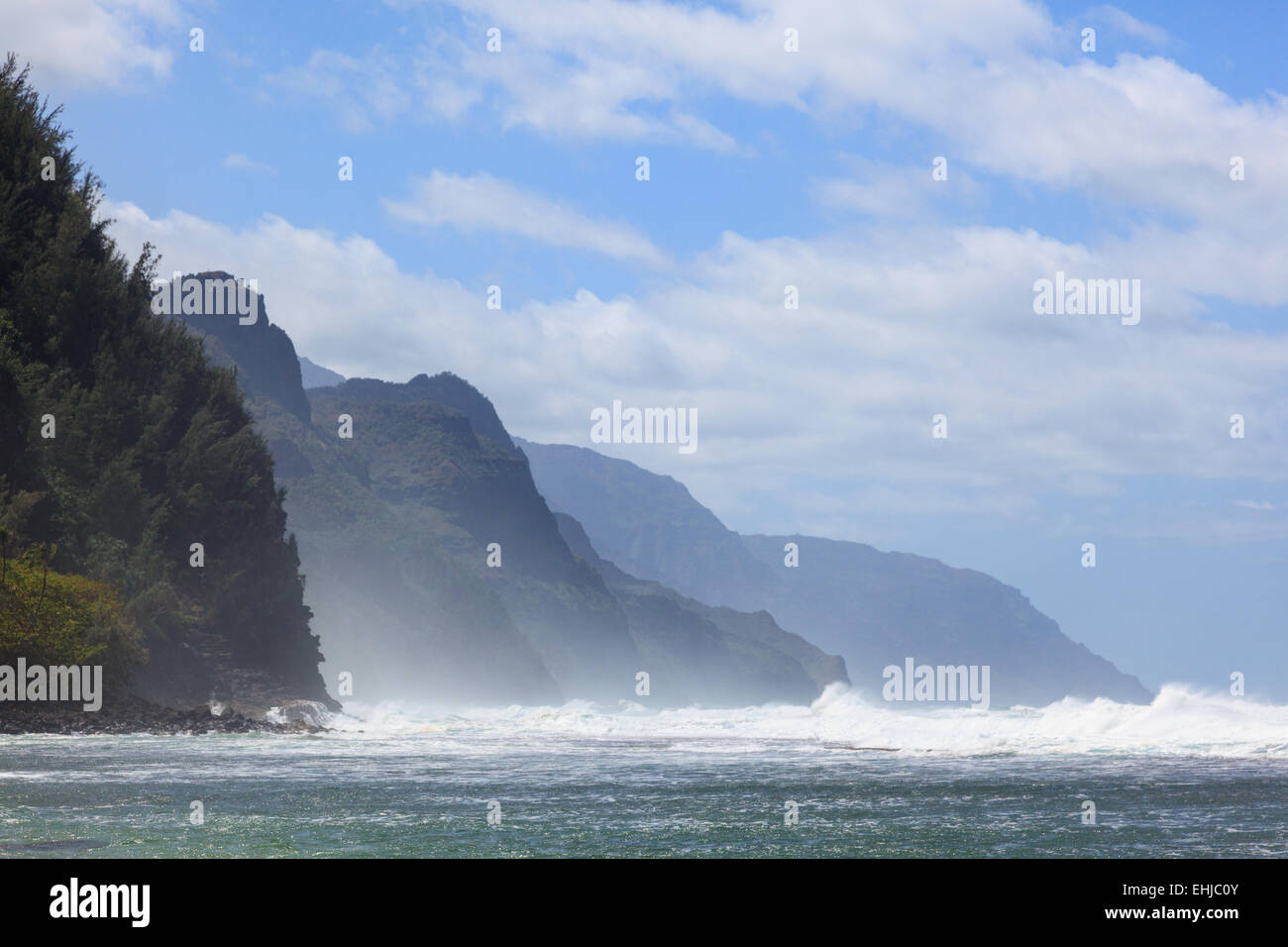 View from Ke`e Beach beginning of eleven-mile Kalalau Trail, Na Pali Coast, Kauai, Hawaii Stock Photo